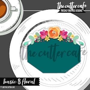 Può includere: Un segnaposto ottagonale verde turchese con un design floreale nella parte superiore. Il testo "the cutter cafe" è scritto in nero sulla carta. Il testo "basic 8 floral" è scritto in nero nella parte inferiore dell'immagine.