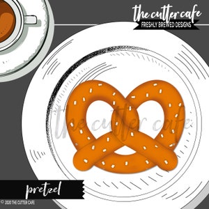 Puede incluir: Ilustración de un pretzel en un plato blanco con una taza de café. El pretzel es de color marrón dorado con sal blanca. El plato tiene un diseño esbozado. El texto "pretzel" está debajo.