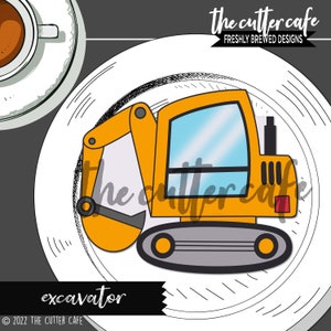 May include: A yellow excavator with a black outline and gray wheels. The excavator is on a white plate with a black and white pattern. The text "The Cutter Cafe" and "Freshly Brewed Designs" is at the top of the image. The text "excavator" is at the bottom of the image.
