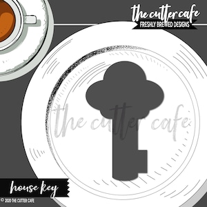 May include: A grayscale illustration of a house key on a white plate, with a cup of coffee in the upper left corner. The plate has a sketched design around the edge. Text includes "the cutter cafe" and "house key."