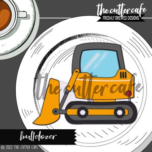 May include: A yellow and gray cartoon bulldozer with a black outline. The bulldozer has a large, rectangular window and a small, round headlight. The bulldozer is on a white background with black lines.