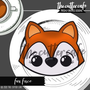 May include: A digital illustration of a fox face with large eyes and a black nose. The fox is orange with white fur around the eyes and mouth. The image is on a white background with black lines.