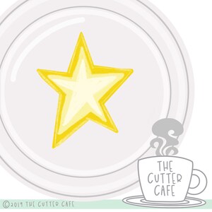 May include: A yellow star design on a white plate. The star has a light yellow center and a darker yellow outline. A coffee cup with the text "THE CUTTER CAFE" is in the lower right corner. The copyright text "© 2019 THE CUTTER CAFE" is at the bottom.