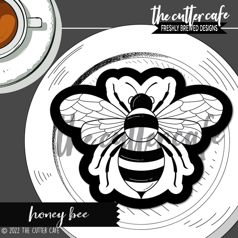 May include: Black and white illustration of a honey bee on a white plate. The bee has a black and white striped abdomen and wings. The text "honey bee" is below the plate.