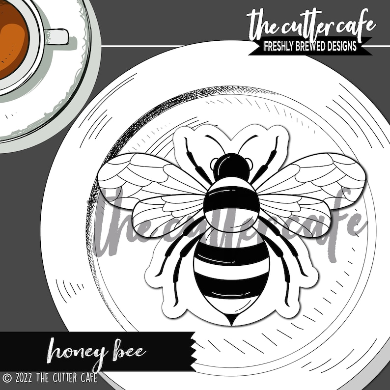 May include: Black and white line art illustration of a honey bee on a white plate. The bee has black and white stripes and wings. The text "the cutter cafe" and "honey bee" are also included in the image.