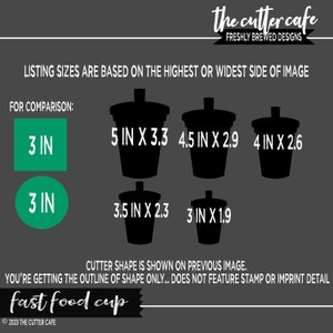 May include: Image displays fast food cup cutter sizes, with the largest being 12.7 cm by 8.4 cm. A 7.6 cm square and a 7.6 cm circle are included for comparison. Text reads "fast food cup".