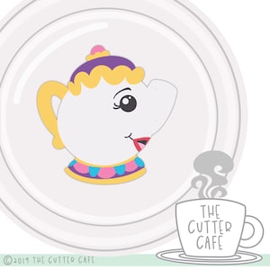 May include: A white teacup with a pink, yellow, and blue trim, with a cartoon face and a pink nose. The teacup is on a white plate with a gray ring around the edge. The text "THE CUTTER CAFE" is on a gray coffee cup with steam coming from it.