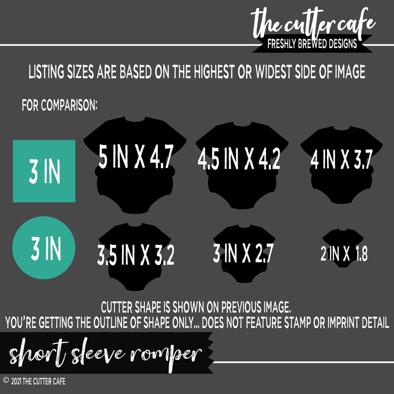 May include: A graphic showing different sizes of a short sleeve romper. The sizes are shown in inches. The graphic includes the text "short sleeve romper" and "the cutter cafe".