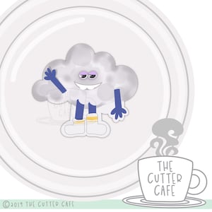 Puede incluir: Una nube de dibujos animados con una cara sonriente, que lleva pantalones azules y calcetines blancos con rayas amarillas, saluda con una mano. La nube está sobre un fondo blanco con un círculo gris detrás de ella. El texto "THE CUTTER CAFE" está en la esquina inferior derecha de la imagen.