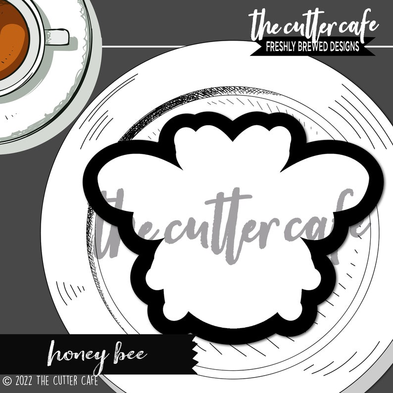 May include: Black and white line art illustration of a honey bee cookie cutter on a white plate. The text "the cutter cafe" is written in cursive on the plate. The text "honey bee" is written below the plate. The text "&copy; 2022 THE CUTTER CAFE" is written below the text "honey bee".