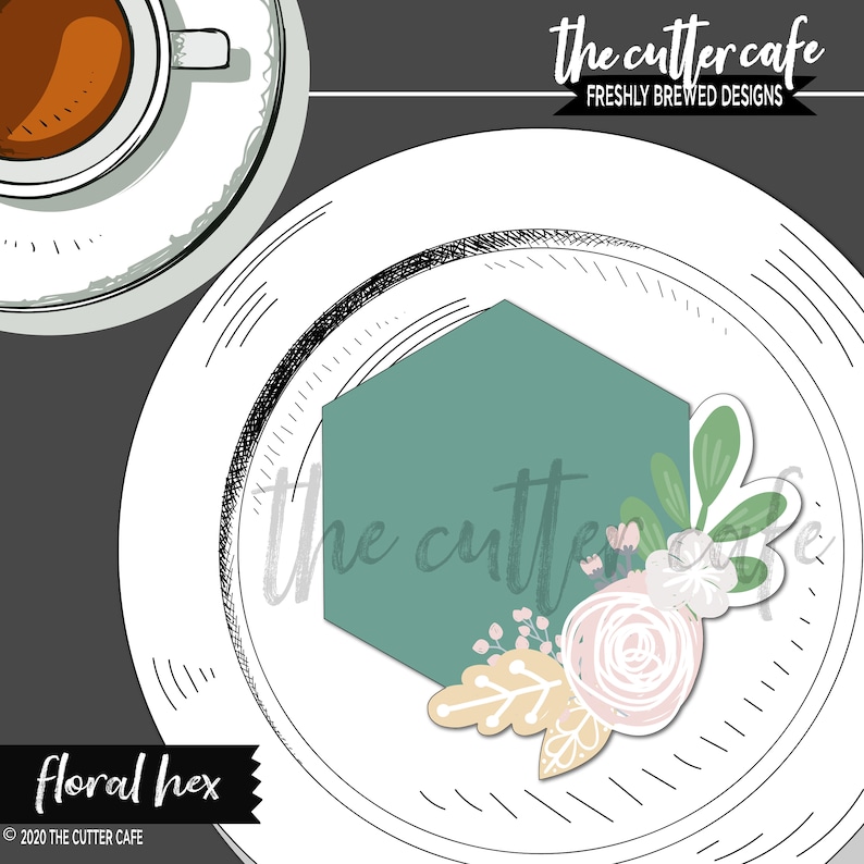 Puede incluir: Un dise&ntilde;o floral hexagonal con un fondo verde claro, un arreglo floral y el texto "the cutter cafe" y "FRESHLY BREWED DESIGNS". Una taza de caf&eacute; se encuentra en la esquina superior izquierda.