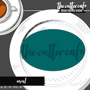 May include: A teal oval with the text "the cutter cafe" in white cursive lettering. The oval is on a white plate with a black and white sketch of a plate and a cup of coffee.