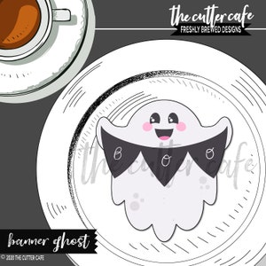 May include: A white ghost with a happy face and pink cheeks holds a black banner with the word "BOO" on it. The ghost is on a white plate with a black and white sketched border.