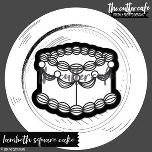 May include: Black and white line art illustration of a cake with frosting and a decorative topper. The cake is on a white plate with a black outline. The text "Lambeth Square Cake" is below the plate.