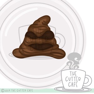 May include: A brown and black cartoon sorting hat with a grumpy expression. The hat is sitting on a white plate with a steaming coffee cup that says "THE CUTTER CAFE" on it.