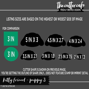 May include: A graphic design for a digital cutting file of a kitty friend and puppy. The image shows different size options for the design, ranging from 2 inches to 5 inches. The text "kitty friend - puppy 3" is included in the design.