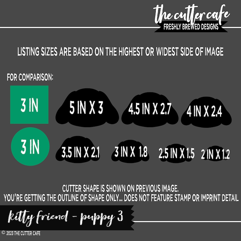 May include: A graphic design for a digital cutting file of a kitty friend and puppy. The image shows different size options for the design, ranging from 2 inches to 5 inches. The text "kitty friend - puppy 3" is included in the design.