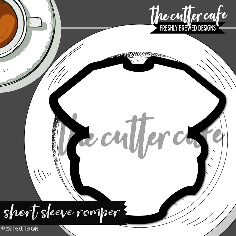 May include: Black and white line art illustration of a short sleeve romper. The image is on a white plate with a black and white pattern. The text "the cutter cafe" is written in black at the top of the image. The text "short sleeve romper" is written in black at the bottom of the image.