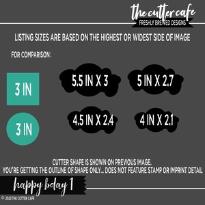K&ouml;nnte beinhalten: Ein schwarz-wei&szlig;es Grafikdesign der Worte "happy bday 1" mit schwarzem Umriss. Das Bild zeigt auch verschiedene Gr&ouml;&szlig;en des Designs in Zoll, darunter 3 Zoll, 5,5 Zoll mal 3 Zoll, 5 Zoll mal 2,7 Zoll, 4,5 Zoll mal 2,4 Zoll und 4 Zoll mal 2,1 Zoll.