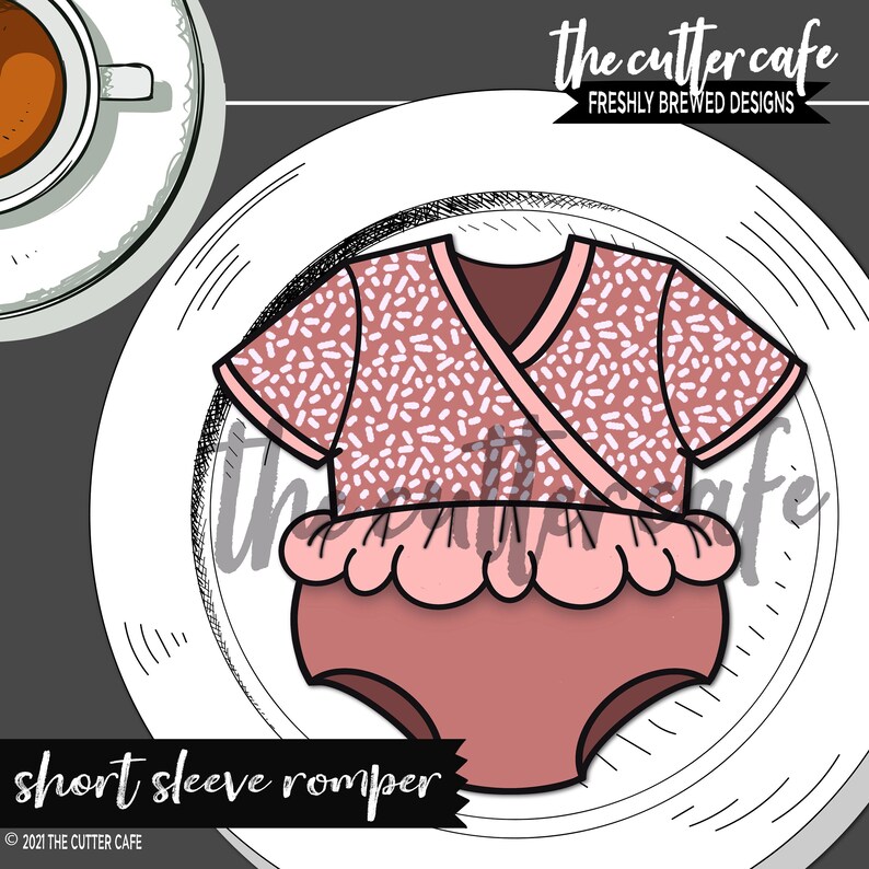 May include: A pink and white short-sleeved romper with a ruffled bottom. The romper has a wrap-style neckline and a polka dot pattern.