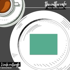 May include: A 3 inch rectangle on a white plate with a black and white sketched design. The plate is on a gray background. The rectangle is a light teal color.