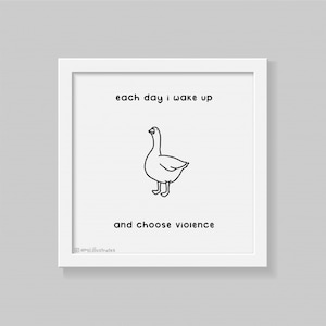 Funny 'Violence' Webcomic Goose Square Illustration Print, Cute Geese Wall Deco Art, Bedroom Living Room Office Comic, Fun Gift
