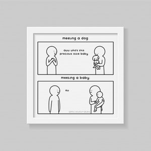 Rude Humor Art Print Baby Dog, Offensive Illustration, Black & White Wall Decor, Simplistic Line Art 'Meeting Dog vs. Baby'