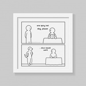 Funny Webcomic 'Spicy Hot Dog' Adult Humour Rude Offensive Art Print, Unique Wall Deco Illustration