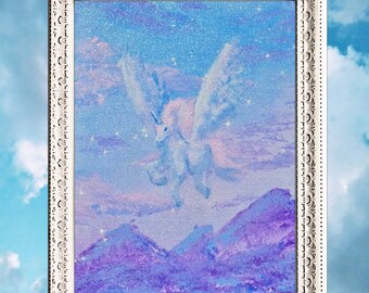 Flying Alicorn pastel ciel Acrylique Paillettes Peinture Art Mural Original Paint Artist Petit