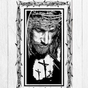 May include: A black and white illustration of Jesus with a crown of thorns, looking downcast. The image features three crosses and is framed by a barbed wire border.