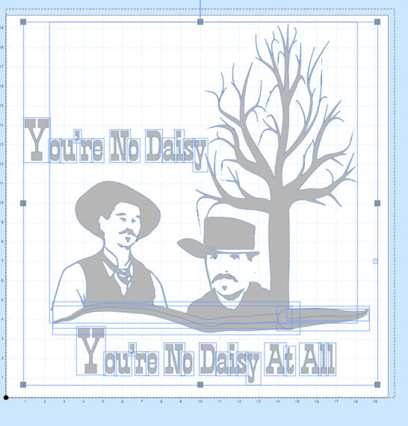 Peut inclure: Un graphisme gris repr&eacute;sentant deux hommes portant des chapeaux et des gilets, avec une silhouette d'arbre. Le texte "You're No Daisy" est au-dessus des hommes, et "You're No Daisy At All" est en dessous.