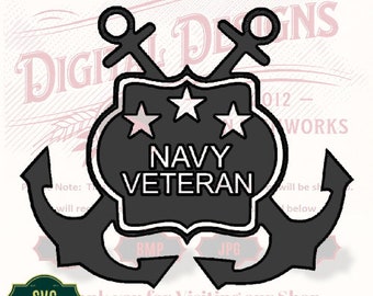 May include: Black and white silhouette of two anchors with a navy blue shield in the center. The shield has three white stars and the text "NAVY VETERAN".