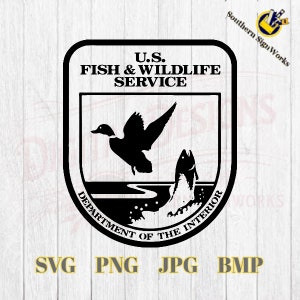 May include: Black and white U.S. Fish & Wildlife Service logo. The logo features a duck in flight and a fish jumping out of the water. The text "U.S. FISH & WILDLIFE SERVICE" and "DEPARTMENT OF THE INTERIOR" are also included.