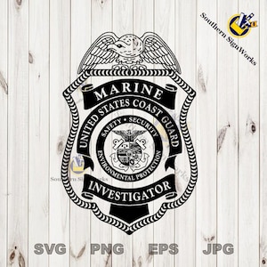 May include: Black and white graphic design of a United States Coast Guard Marine Investigator badge. The badge features an eagle with outstretched wings, a rope border, and the text "United States Coast Guard", "Safety", "Security", "Environmental Protection", and "Investigator".