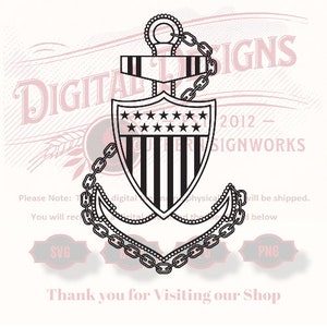 May include: Black and white line art illustration of an anchor with a chain and a shield with stars and stripes. The text "DIGITAL DESIGNS 2012 - SIGNWORKS" is in the background.