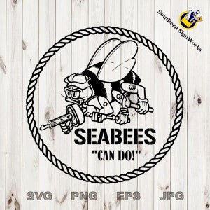 Könnte beinhalten: Schwarzweiß-Illustration einer Cartoon-Biene, die einen Matrosenhut trägt und eine Waffe und einen Schraubenschlüssel hält. Die Biene befindet sich in einem Kreis mit einer Seilumrandung. Der Text "SEABEES" und "CAN DO!" befindet sich unter der Biene.