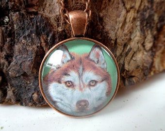 Halskette Set Kette Anhänger 3D Siberian Husky Hund Wolf Kopf Versilbert