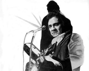 May include: Black and white pencil drawing of a man holding a guitar and singing into a microphone. The man is wearing a suit jacket and has a serious expression on his face.