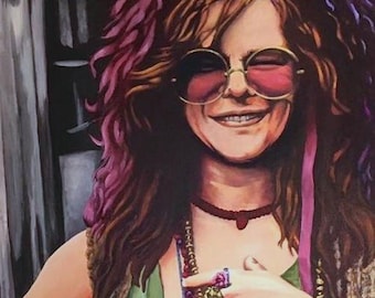 May include: A painting of a woman with long, curly, pink and purple hair wearing a green tank top, a brown crocheted vest, and a beaded necklace. She is smiling and wearing round sunglasses.