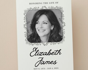 May include: A memorial card with a black and white portrait of a woman, framed by a floral border. The card reads "Honoring the Life of Elizabeth James" with dates of birth and death.