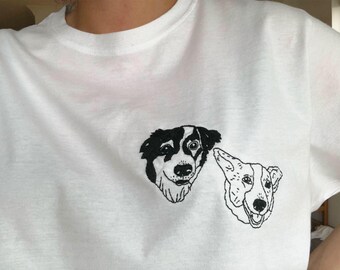 Custom cotton t-shirt with hand embroidered multiple dog or cat + name, cotton short sleeve, unisex, hand stitched, personalised shirt
