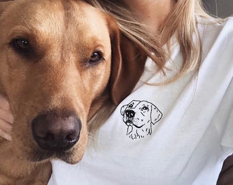Custom cotton t-shirt with hand embroidered dog + name, cotton short sleeve, unisex gift, hand stitched, personalised dog photo shirt