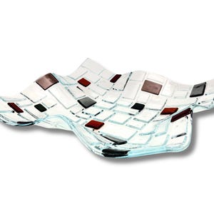 clear fused glass bowl with a geometric tile design - wavy fused glass fruit bowl - modern art coffee table centerpiece