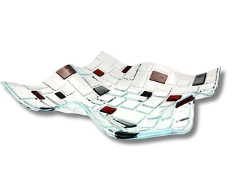 clear fused glass bowl with a geometric tile design - wavy fused glass fruit bowl - modern art coffee table centerpiece
