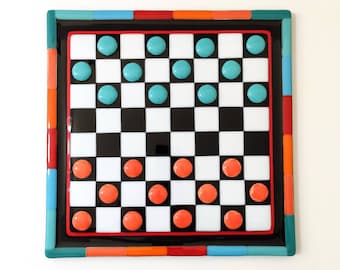 Checker board fused glass - rainbow checkers set - chess board - glass art coffee table game - board game - exclusive housewarming gift