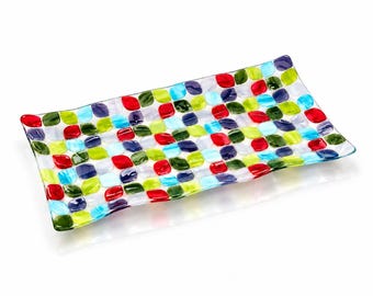 Large Fused Glass Serving Tray – Colorful Mosaic Platter, Handmade in Israel