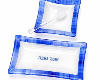 Rosh Hashana Apple and Honey 3 piece serving set - Fused glass matching tray and bowl for High holiday - handmade in Israel