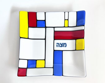 Matzah plate for Passover - fused glass Mondrian style Judaica - Jewish wedding gift made in Israel - abstract Matza tray for Jewish holiday