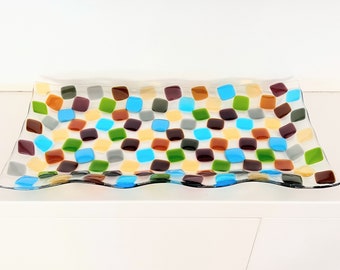 Fused glass tray - coffee table centerpiece - decorative serving platter - challah tray with matching challah cover - Judaica made in Israel