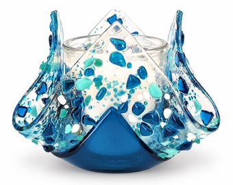Fused Glass Yahrzeit Candle Holder – Oceanic Memorial Gift, Judaica for holidays